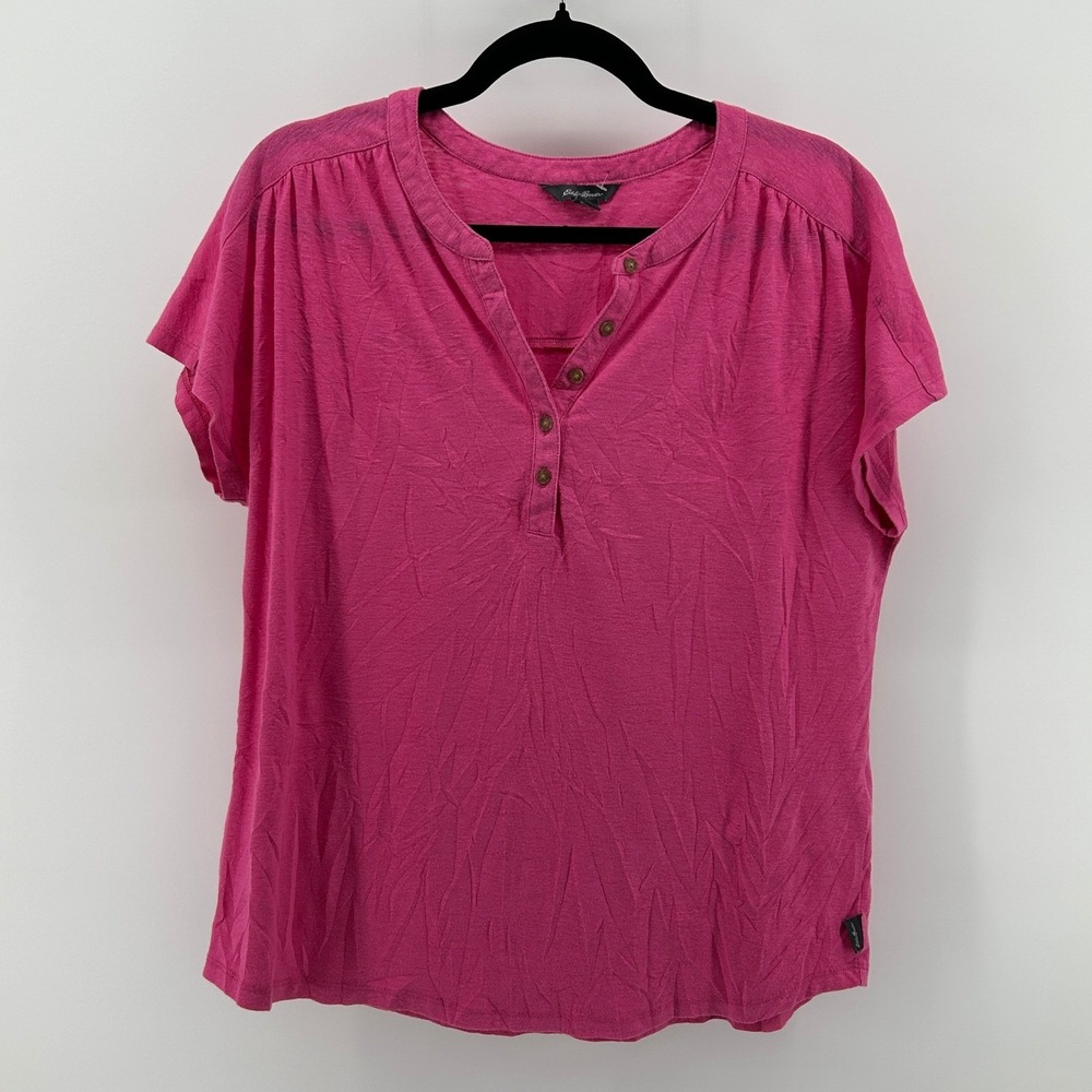 Eddie Bauer Pink Linen Blend Henley Short Sleeve Slub Top Medium Relaxed Coastal